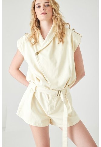 Tennis Enterizo Corto Fit Relajado Con Cuello Cruzado En Algodón Beige Claro Para Mujer Tennis