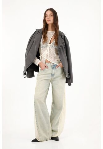 Tennis Jean Wide Leg Tiro Alto Con Encaje En Laterales Para Mujer Tennis