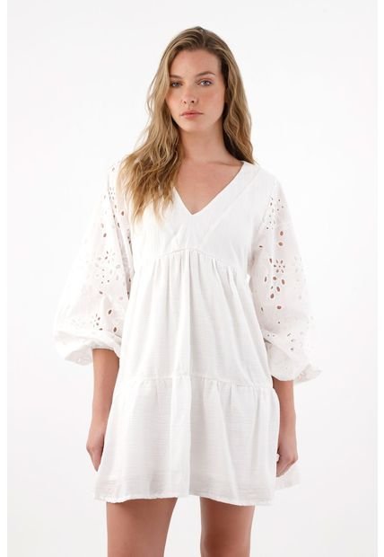 Vestido Corto De Manga Larga En Ojalillo Para Mujer