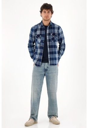 Tennis Camisa Leñadora Con Bolsillos Azul De Silueta Amplia Para Hombre