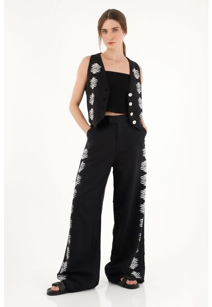 Tennis Pantalón Recto Con Manualidad Negro Para Mujer