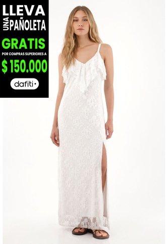 Tennis Vestido Largo En Encaje Con Escote En V Crudo Para Mujer Tennis