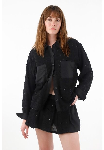 Tennis Camisa Con Detalles De Lentejuelas Y Lino Negra Para Mujer