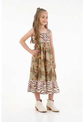 Vestido Largo Con Mix De Estampados Para Niña