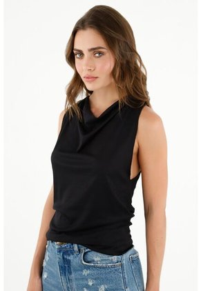 Camiseta Negra Cuello Drapeado Para Mujer