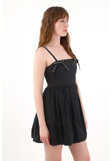 Vestido Corto Con Falda Globo Negro Para Mujer