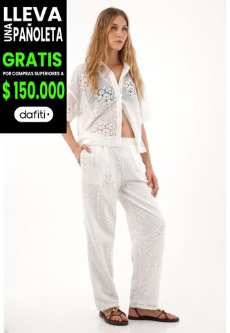 Tennis Pantalón Recto En Tela Bordada Crudo Para Mujer Tennis