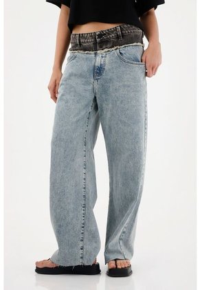 Tennis Jean Wide Leg De Tiro Alto Con Pretina En Contraste Para Mujer