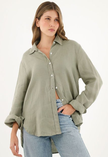 Camisa 100% Lino Manga Larga Verde Para Mujer