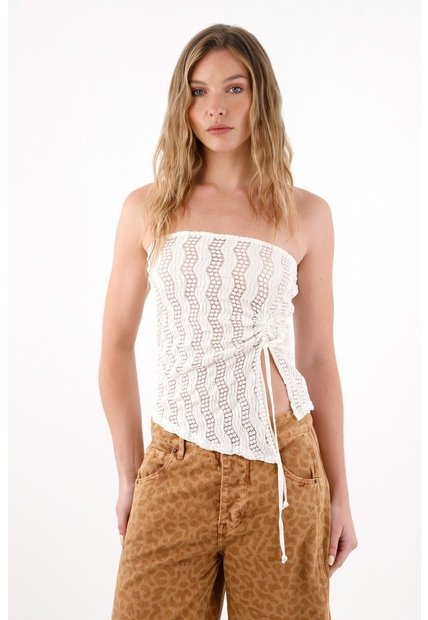 Tennis Camiseta Strapless En Tela Tejida Crudo Para Mujer