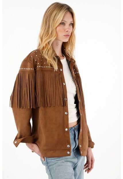 Chaqueta Amplia Café Con Flecos Para Mujer