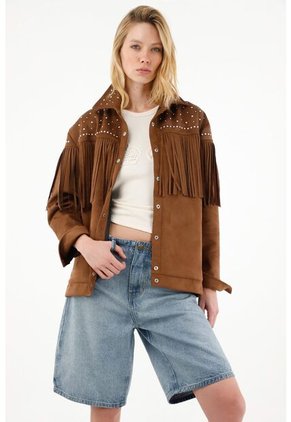 Chaqueta Amplia Café Con Flecos Para Mujer