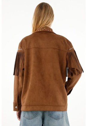 Chaqueta Amplia Café Con Flecos Para Mujer