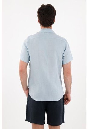 Tennis Camisa Tipo Bowling En Lino Azul Para Hombre