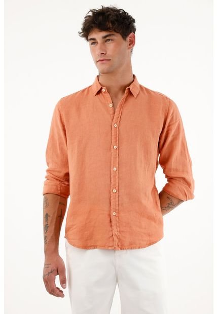Camisa Manga Larga Naranja 100% Lino Para Hombre