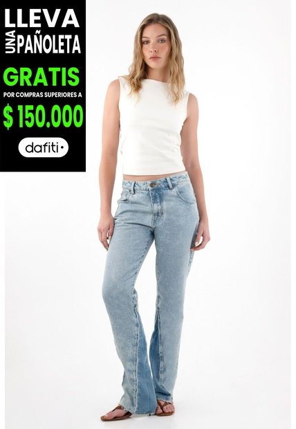 Tennis Jean Recto Tiro Medio Azul Con Cuello Definido Para Mujer