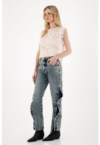 Tennis Jean Recto Con Aberturas Y Abrochaduras Laterales Para Mujer