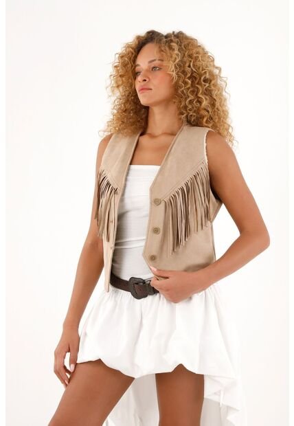 Chaleco En Suede Con Flecos Y Ovejero Para Mujer