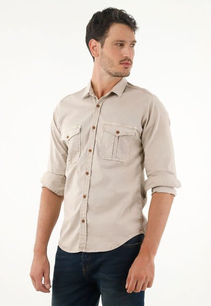 Camisa Manga Larga Café Para Hombre
