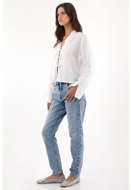 Tennis Camisa En 100% Lino Con Tiras Que Anudan En Frente Blanca Para Mujer