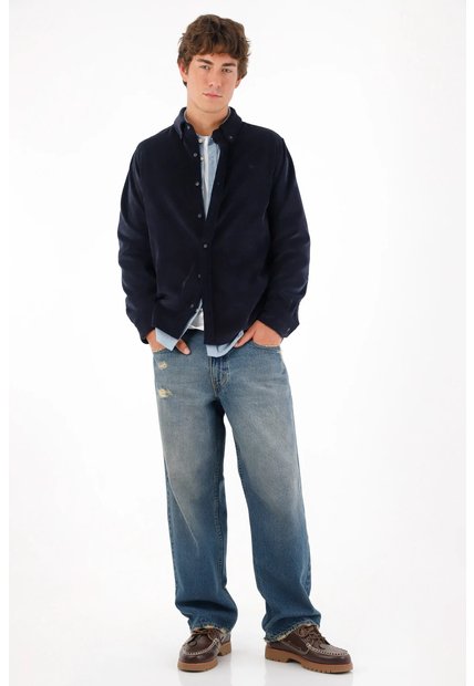Tennis Camisa En 100% Lino Azul Con Textura Ligera Para Hombre