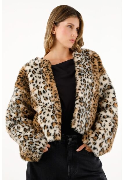 Abrigo Afelpado Animal Print Para Mujer