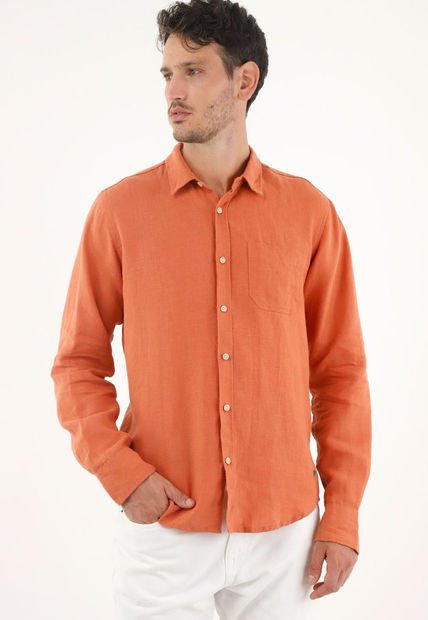 Camisa Naranja En 100% Lino Para Hombre