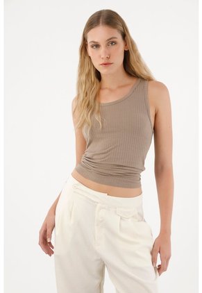 Tennis Camiseta Manga Sisa Café Con Textura Acanalada Para Mujer