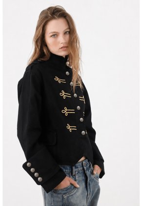Tennis Chaqueta Corte Recto Con Cordones Dorados De Algodón Negro Para Mujer