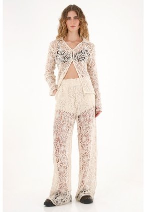 Pantalón Wide Leg En Encaje Crudo Para Mujer