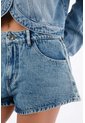 Tennis Bermuda Para Mujer De Denim Azul Claro Fit Relajado Con Ruedo Curvo de Tennis