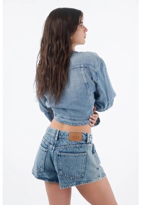 Tennis Bermuda Para Mujer De Denim Azul Claro Fit Relajado Con Ruedo Curvo