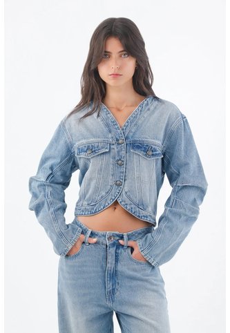 Tennis Chaqueta Denim Azul Claro Con Con Detalle Curvo En La Parte Inferior Para Mujer Tennis