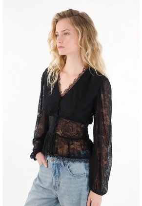 Tennis Camisa Manga Larga Con Encajes Negra Para Mujer