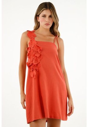 Vestido Naranja Con Apliques De Flores Para Mujer