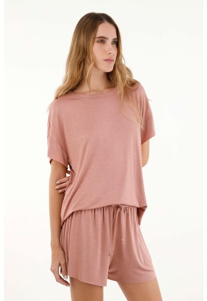 Pijama De Short En Tejido De Punto Liviano Rosada Para Mujer