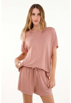 Pijama De Short En Tejido De Punto Liviano Rosada Para Mujer