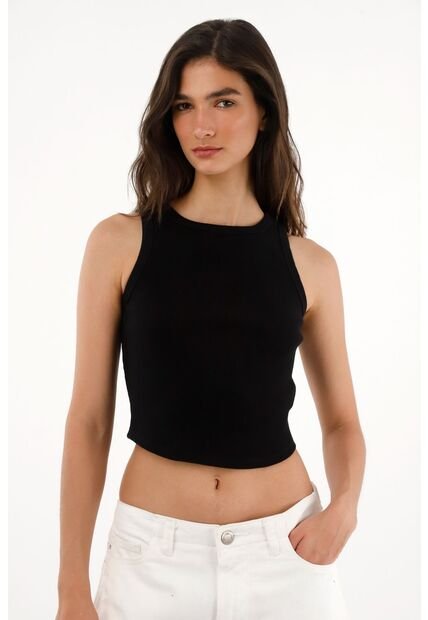 Tennis Camiseta En Rib Con Ruedo Curvo Negra Para Mujer