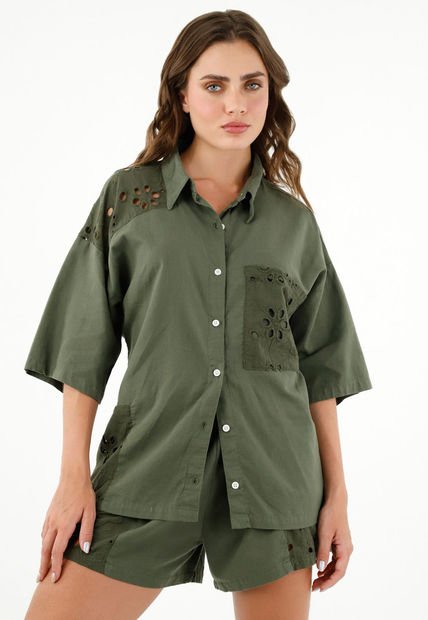 Camisa Verde Tipo Bowling Para Mujer