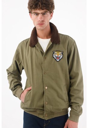 Tennis Chaqueta Tipo Bomber Para Hombre En Algodón Verde Oliva Fit Recto Con Parche De Tigre