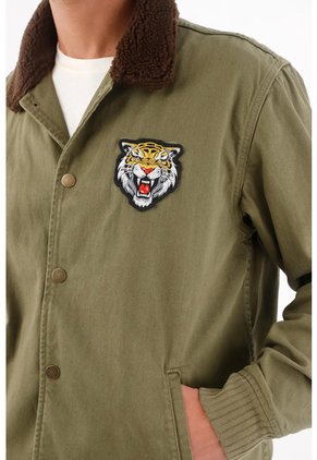 Tennis Chaqueta Tipo Bomber Para Hombre En Algodón Verde Oliva Fit Recto Con Parche De Tigre