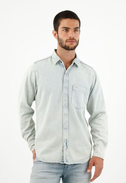 Camisa Con Bolsillo De Parche Azul Para Hombre