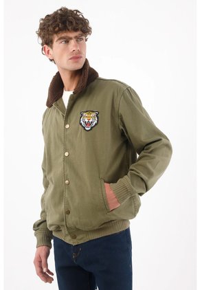 Tennis Chaqueta Tipo Bomber Para Hombre En Algodón Verde Oliva Fit Recto Con Parche De Tigre