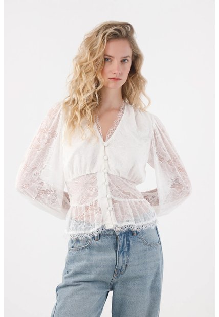Tennis Camisa Manga Larga Con Encajes Crudo Para Mujer