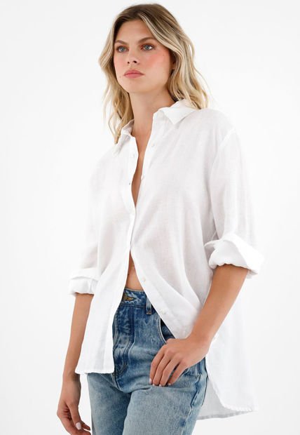 Camisa 100% Lino Manga Larga Blanca Para Mujer