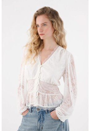 Tennis Camisa Manga Larga Con Encajes Crudo Para Mujer