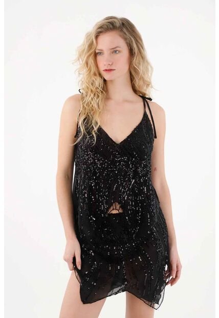 Tennis Falda Corta De Lentejuelas Negra Para Mujer