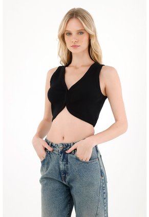 Tennis Camiseta En Rib Con Ajuste De Broches Negra Para Mujer