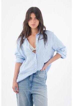 Tennis Camisa Para Mujer Lino Azul Fit Relajado Con Botones