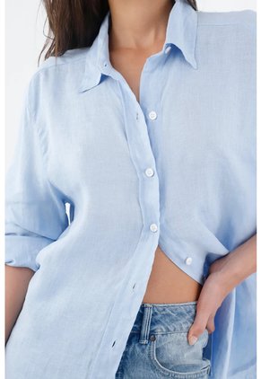 Tennis Camisa Para Mujer Lino Azul Fit Relajado Con Botones